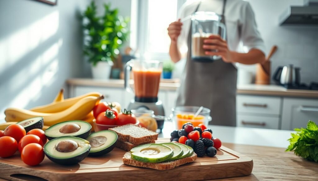 A bright and inviting kitchen scene filled with fresh ingredients for a healthy breakfast preparation. In the foreground, a wooden cutting board displays sliced avocados, cherry tomatoes, and whole-grain toast, surrounded by colorful fruits like bananas and berries. A professional chef, dressed in a neat apron and modest casual clothing, skillfully prepares a smoothie in a blender. The middle ground features a well-organized kitchen counter with measuring cups and cooking utensils, and a vibrant green plant adds a touch of liveliness. In the background, sunlight streams through a window, creating a warm and welcoming atmosphere. The overall mood is energetic and motivating, perfect for inspiring quick, healthy breakfast ideas, captured in a soft-focus with bright, natural lighting for a fresh feel.
