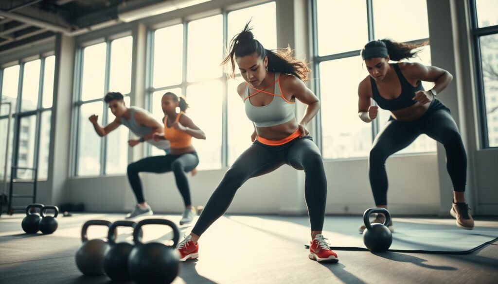 A dynamic scene showcasing high-intensity interval training (HIIT) exercises in an urban gym setting. In the foreground, three diverse individuals, dressed in professional athletic wear, perform an energetic workout, capturing their determination and focus. One person executes a jump squat, another is in a plank position, while the third is doing burpees, radiating intensity and motivation. In the middle ground, fitness equipment like kettlebells and mats adds to the training atmosphere. The background features large windows with sunlight streaming in, illuminating the scene and creating a vibrant ambiance. The lighting is bright and energizing, evoking a sense of urgency and movement, with a slight blur effect to emphasize action. The overall mood is motivating and inspiring, perfect for high-intensity training context.