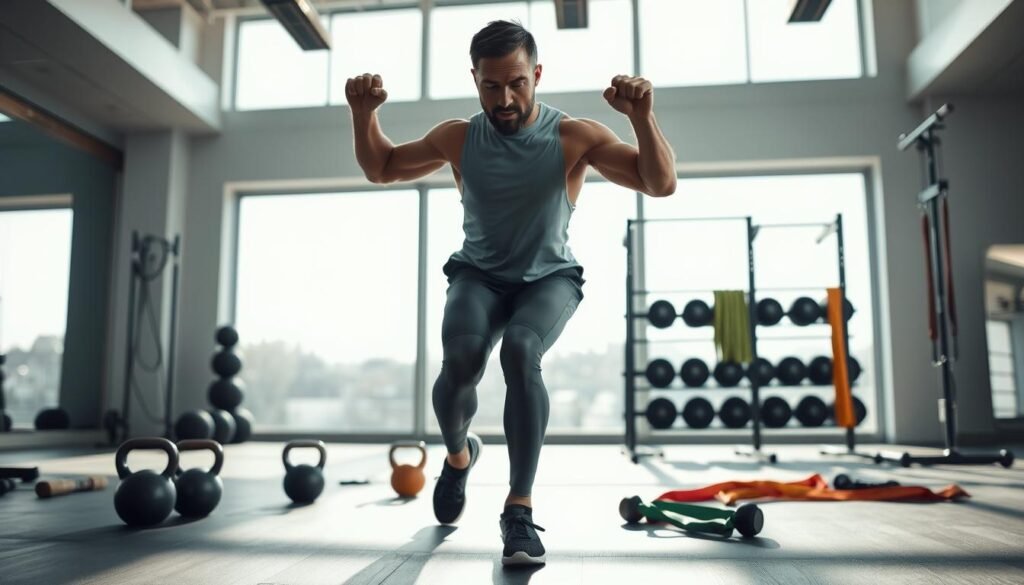 A fit, healthy man performing a High-Intensity Interval Training (HIIT) workout in a modern gym environment. In the foreground, the man, dressed in a professional but comfortable athletic outfit, is captured mid-action executing a burpee with great energy and focus. In the middle ground, gym apparatus like kettlebells and resistance bands showcase the diverse routines of HIIT. The background features large windows letting in bright, natural light, enhancing the vibrant atmosphere. Soft shadows are cast on the floor, adding depth to the scene. The overall mood conveys vitality, dynamism, and the incredible health benefits of intense workouts, inspiring viewers to engage in fitness.