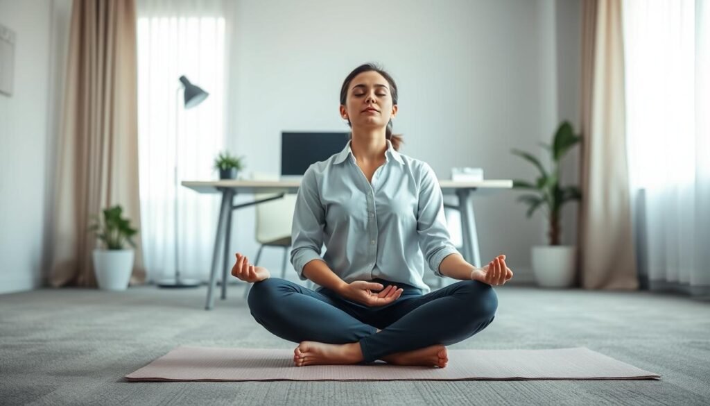 A serene office scene featuring a professional person practicing mindfulness breathing at their desk. In the foreground, the individual sits cross-legged on a yoga mat, wearing modest business casual attire, eyes closed, hands resting gently on their knees. In the middle ground, a well-organized, modern office workspace includes a desk with a laptop, plant, and soft lighting from a nearby window. The background showcases a calming atmosphere with light coming in through sheer curtains, creating a warm glow. The overall mood is tranquil and focused, evoking a sense of peace and relaxation amidst a bustling work environment. Capture the setting from a slightly elevated angle, emphasizing the person's connection to mindfulness in a corporate context.