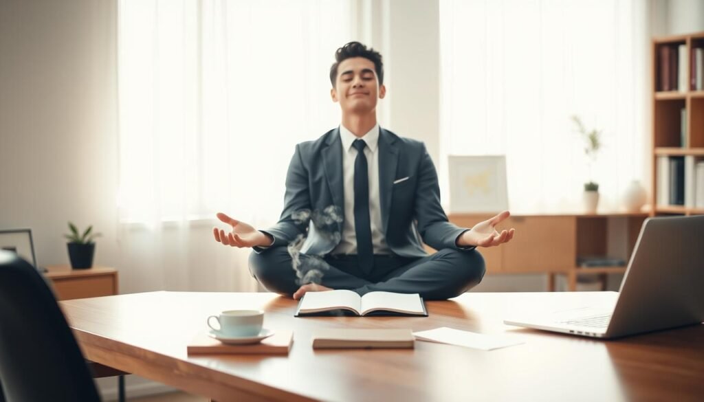 A serene office workspace bathed in soft, natural light filtering through a window, casting gentle shadows on a polished wooden desk. In the foreground, a focused professional, dressed in smart business attire, sits cross-legged in a comfortable chair, practicing mindfulness with closed eyes and a calm expression. On the desk, subtle elements like a steaming cup of herbal tea, a small potted plant, and an open notebook enhance the tranquil atmosphere. In the middle ground, a minimalist laptop is slightly turned towards the viewer, while a cozy, organized bookshelf is visible in the background, filled with inspiring books. The overall mood is peaceful and introspective, inviting viewers to embrace mindfulness techniques in the workplace environment.