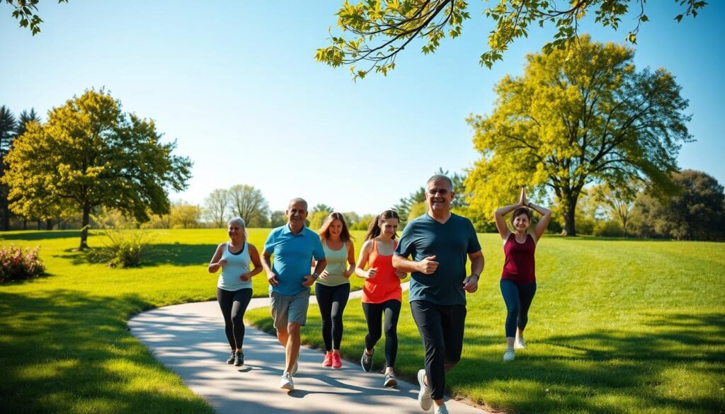 A serene park landscape showcasing individuals walking in a lush, green environment during a bright, sunny day. In the foreground, a diverse group of men and women of varying ages, dressed in comfortable athletic wear, walk joyfully along a winding path. Their expressions reflect happiness and vitality, symbolizing the health benefits of walking. In the middle ground, trees and flowering plants add vibrancy, while a clear blue sky enhances the uplifting atmosphere. In the background, a few people engage in light stretching exercises. Soft, natural lighting illuminates the scene, casting gentle shadows that convey a peaceful and inspiring mood. The image captures the essence of health and well-being associated with every step taken.