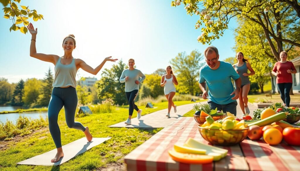 A vibrant and uplifting scene depicting a diverse group of individuals engaging in healthy lifestyle activities. In the foreground, a cheerful woman in modest athletic wear is practicing yoga on a mat, while beside her, a man is preparing a colorful salad with fresh fruits and vegetables on a picnic table. The middle ground features another group jogging along a scenic park path, surrounded by lush greenery and blooming flowers. The background captures a bright blue sky with the sun shining, creating a warm and inviting atmosphere. The composition should convey a sense of energy and positivity, emphasizing the joy of maintaining a healthy lifestyle. The lighting should be soft and natural, evoking a peaceful and refreshing vibe.