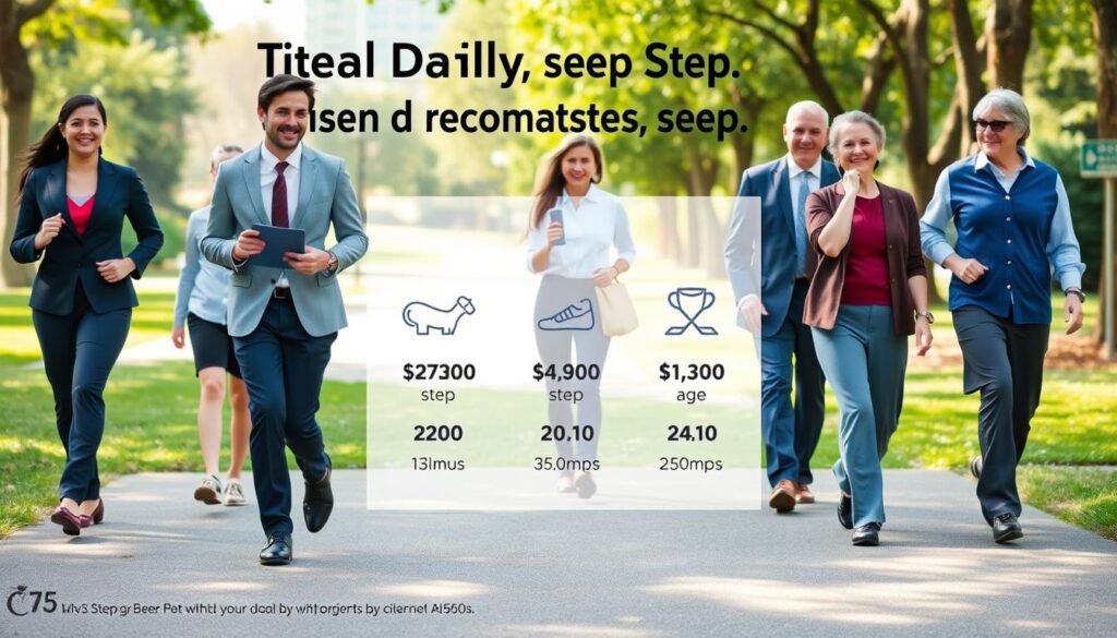 A visually appealing infographic-style image illustrating ideal daily step recommendations based on age. In the foreground, a diverse group of individuals, dressed in professional business attire and modest casual clothing, of various ages (children, adults, and seniors), are engaged in an active lifestyle, walking in a park. In the middle ground, include age-specific icons or graphical representations showing step count recommendations for each age group. The background features a serene park setting with lush greenery and pathways. Soft natural lighting highlights the characters, creating a fresh, motivating atmosphere. Use a wide-angle perspective to capture the vibrant scene, inviting viewers to reflect on healthy lifestyle choices.