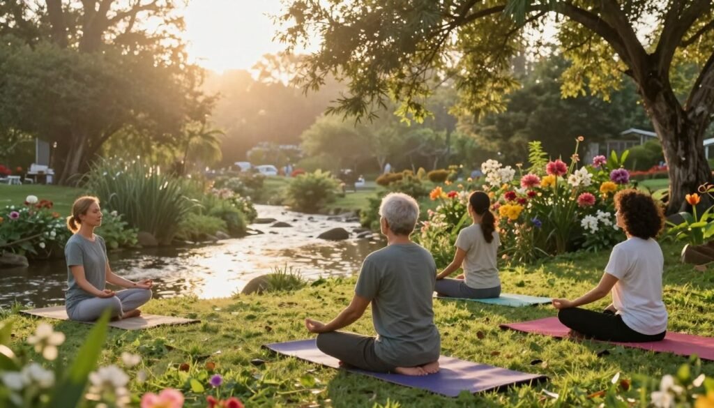 A serene morning scene depicting a peaceful outdoor ritual for energy and health. In the foreground, a diverse group of three individuals in modest casual athletic wear, practicing yoga and meditation on colorful mats, surrounded by lush greenery. In the middle ground, a softly flowing stream reflects the golden light of sunrise, while blooming flowers add vibrant colors. The background features tall trees with sunlight filtering through the leaves, creating a warm and inviting atmosphere. The scene is bathed in gentle morning light, enhancing a sense of tranquility and vitality. The angles should capture the harmony between the individuals and nature, evoking a mood of rejuvenation and wellness.